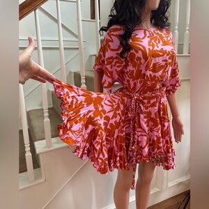Pink orange swing belted dress